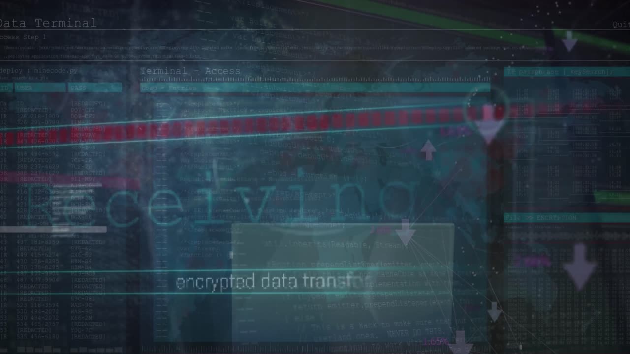 Animation of data processing over world map against male hacker