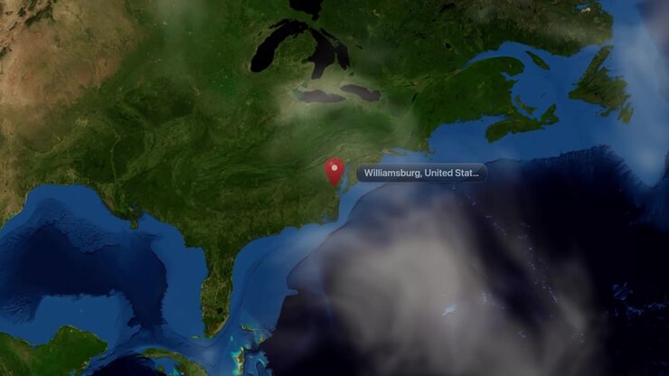 Satellite view zoom in from space to a map pin on Williamsburg, Virginia, United States. Includes NASA public domain imagery.