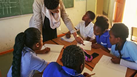 female teacher and young pupils working in class 4k