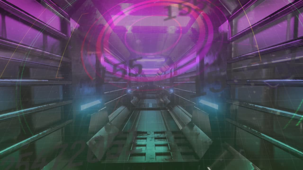 la aminación de formas y números digitales que cambian en un túnel iluminado