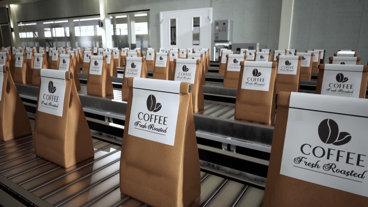Roasted Coffee Beans In Package On Conveyor Belt In Factory. Coffee Production