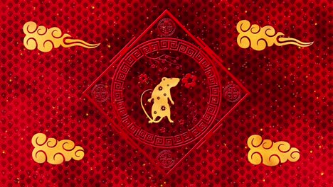 red chinese new year background with gold, rat, fireworks, 3d rendering loop 4k. magical happy new year animation