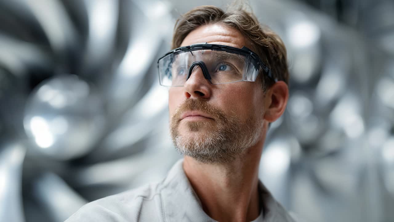 Engineer with Safety Glasses Inspecting Turbine