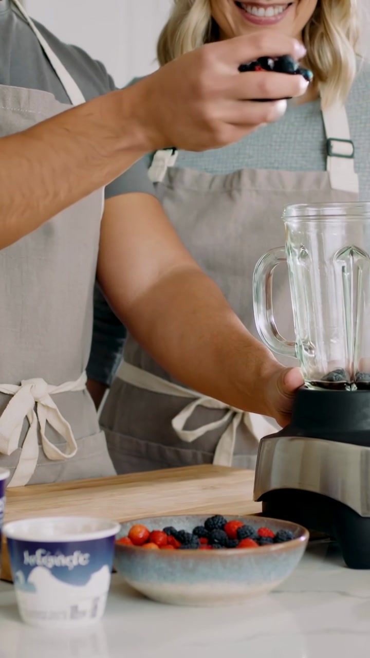 Vertical video: Blender being steadied by woman, man scooping berries in kitchen for drink, aprons