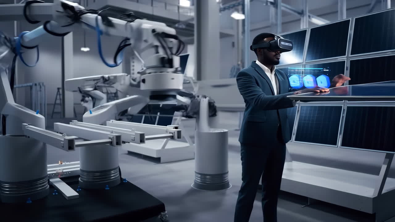 Engineer Uses VR to Oversee Advanced Robotics and Solar Panel Production in a Futuristic Factory
