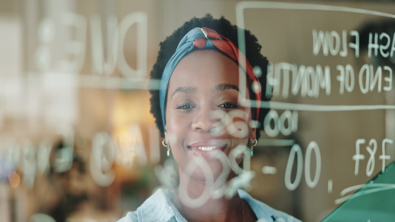 Businesswoman writing on a transparent board