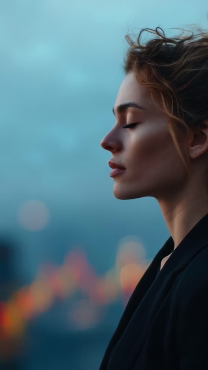Un retrato de contemplación: capturando la prestancia y la emoción de una joven con un fondo urbano de ensueño al atardecer.
