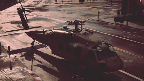 military helicopter in a deserted city