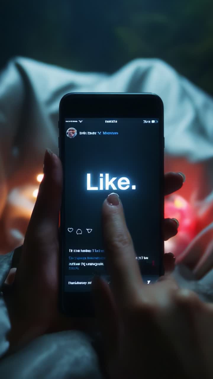 A Close-Up Perspective of a Hand Interacting with a Smartphone Displaying a 'Like' Notification in a Dimly Lit Environment Surrounded by Soft Fabrics and Ambient Lights