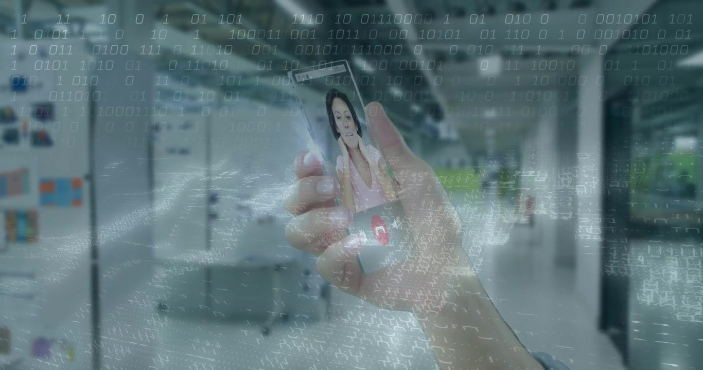 Right hand holding clear phone tapping green call icon and initiating holo effect showing live call