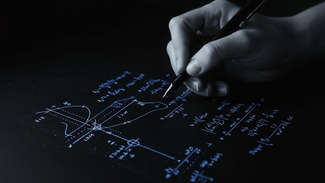 A Series of Mathematical Equations and Graphs Captured in Two Frames, Depicting the Process of Creating Complex Calculations on a Dark Surface with Blue Ink