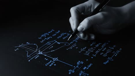 a series of mathematical equations and graphs captured in two frames, depicting the process of creating complex calculations on a dark surface with blue ink