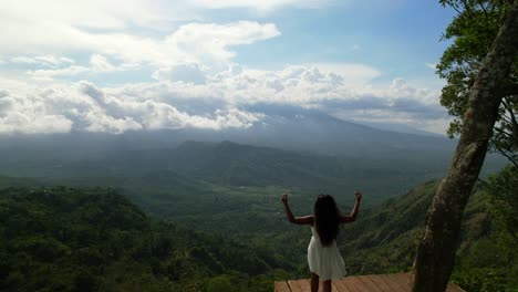 Turista-En-Plataforma-De-Madera-En-El-Punto-De-Vista-De-Lahangan-En-Bali,-Indonesia,-Antena