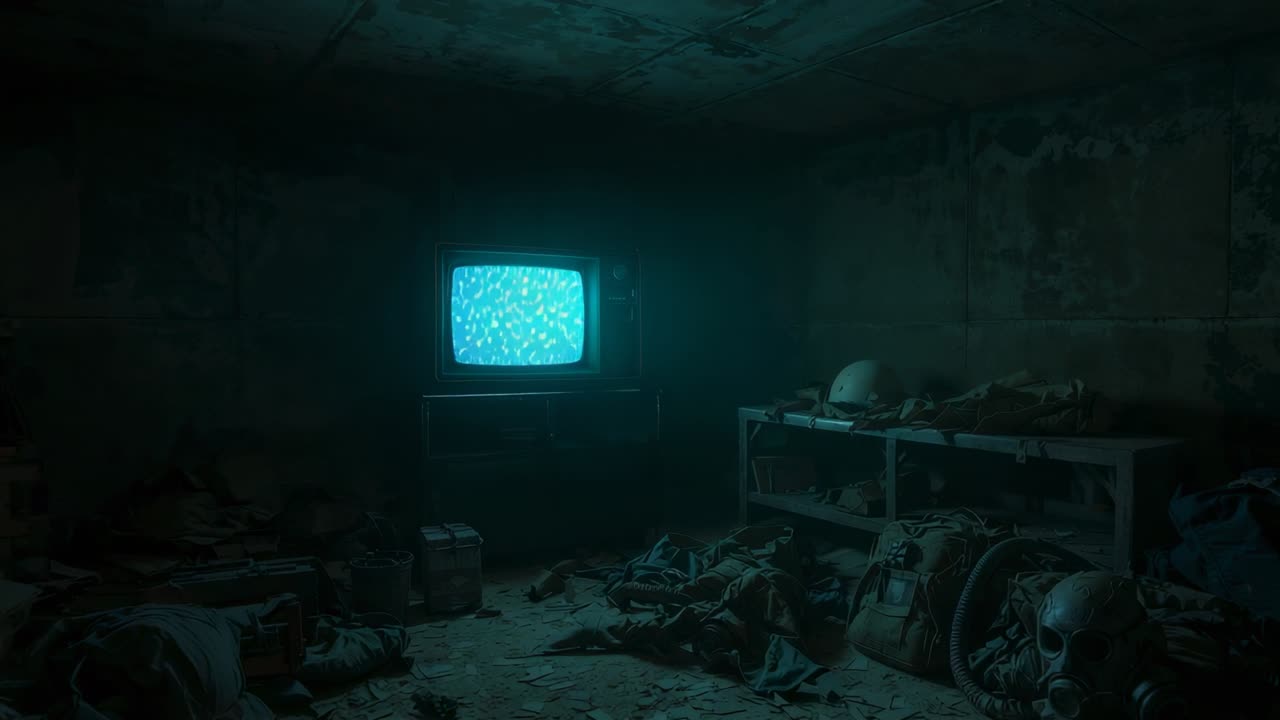 Flickering CRT television standing on metal stand in bunker chamber, with dusty gas masks, helmets