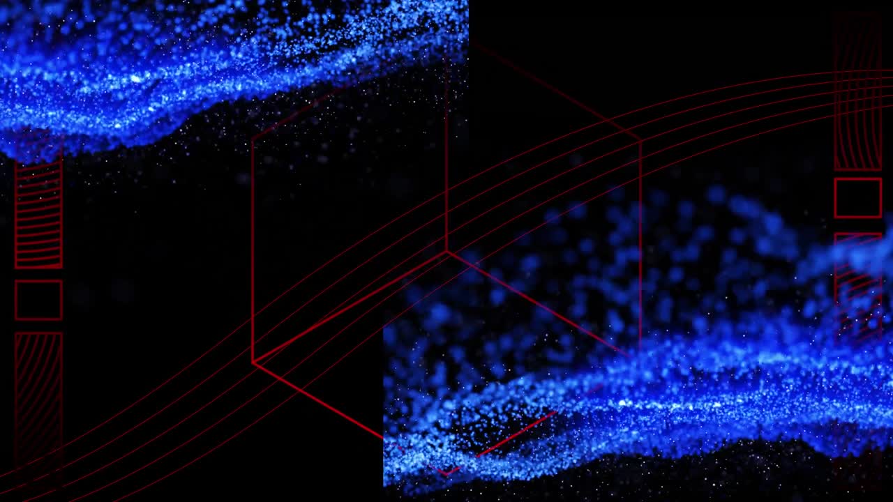 animación de onda azul sobre formas geométricas rojas blancas sobre fondo negro