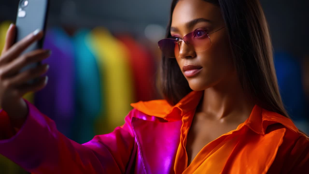 Una giovane donna alla moda scatta un selfie sullo sfondo vivace e colorato di abiti alla moda in un ambiente moderno caratterizzato da scelte di moda audaci