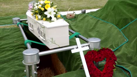 closeup shot of a funeral casket in a hearse or chapel or burial at cemetery