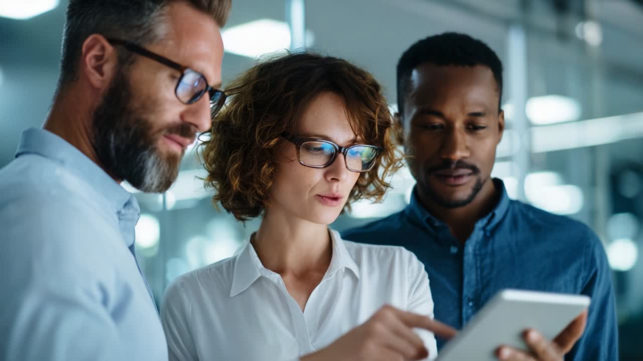 A group of three diverse professionals engaged in a collaborative discussion, analyzing data on a tablet device. Their focused expressions indicate teamwork and a shared goal in a modern office environment