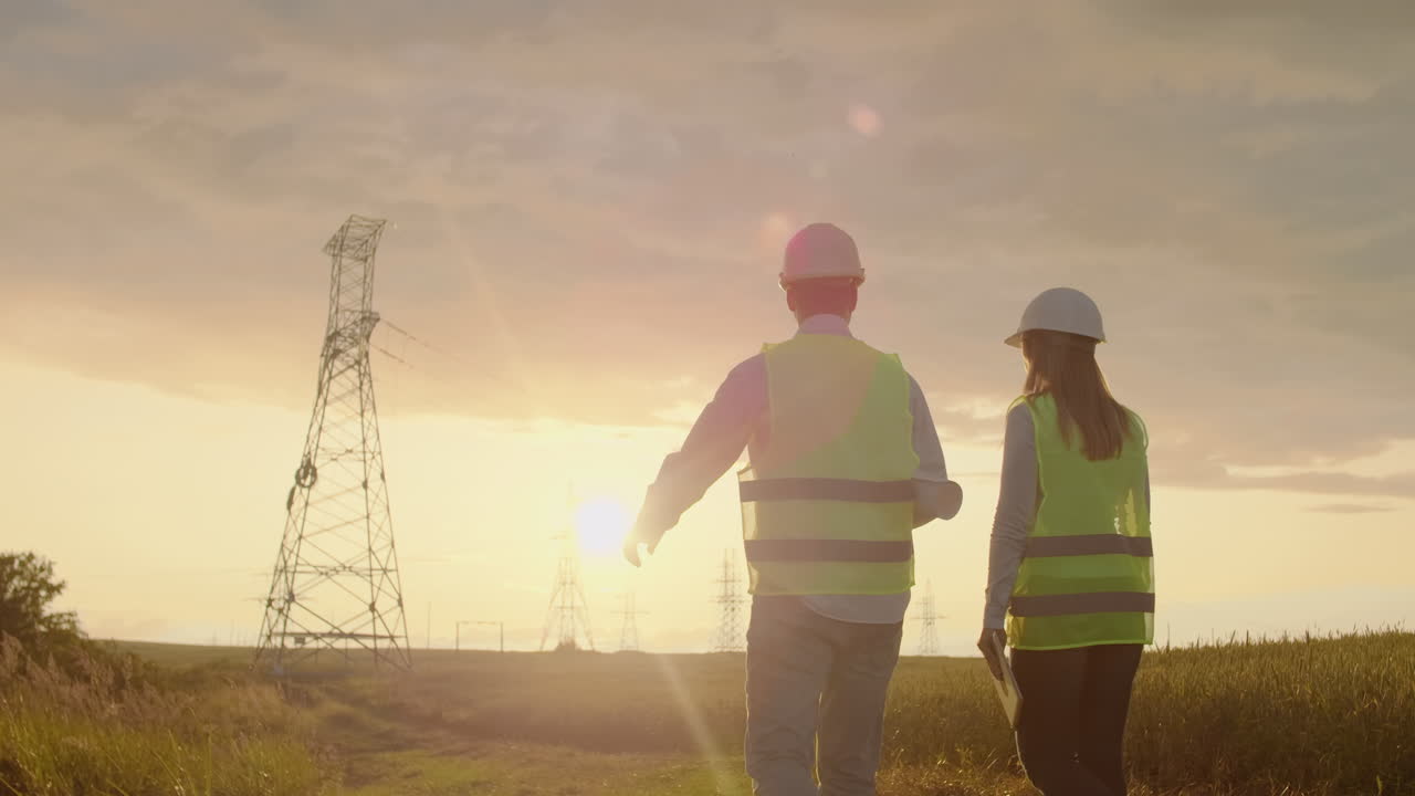 la vista desde la parte trasera: dos ingenieros un hombre y una mujer con cascos con una tableta de ingeniero caminan en el campo con torres de electricidad y discuten la construcción adicional de torres