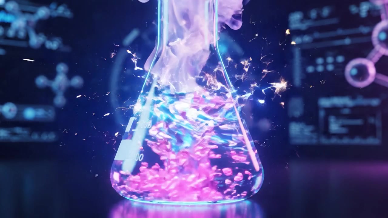 Illuminated Laboratory Flask Filled with Bubbling Liquid Showcasing Advanced Scientific Data and Molecular Structures in a High-Tech Environment