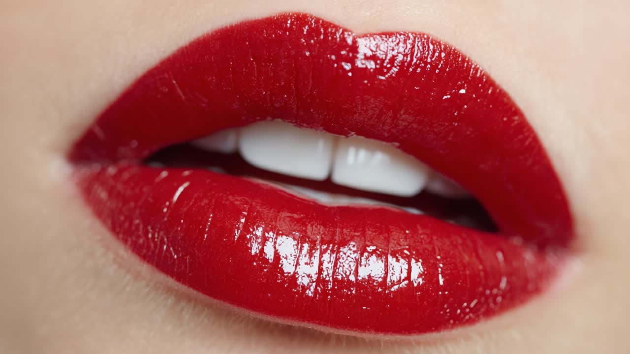 Stunning Close-Up of Glossy Red Lips Showcasing the Allure and Elegance of Lip Makeup with a Focus on Texture and Color for Beauty Enthusiasts