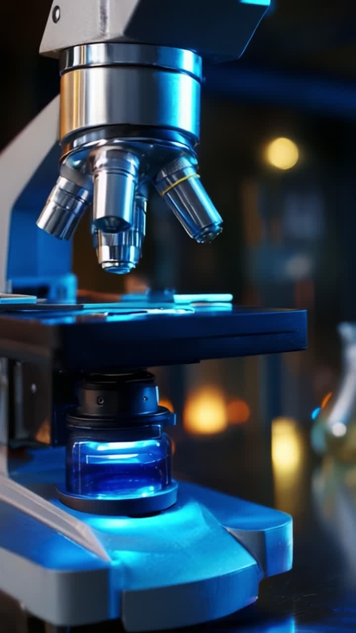 Incredible Close-Up of a Modern Microscope Highlighting Its Advanced Optical Components Under Blue Lighting in a Laboratory Setting