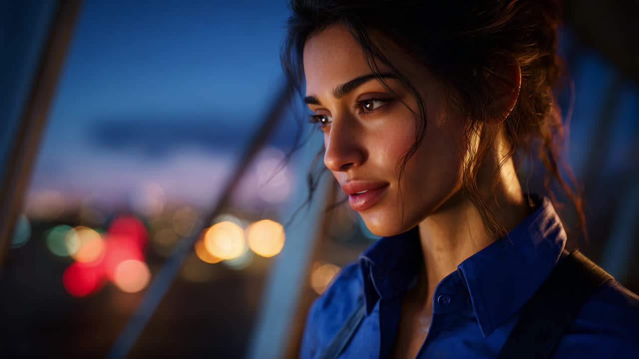 A captivating portrait of a woman in deep contemplation, illuminated by the soft glow of city lights at dusk, showcasing the beauty of her features and the thoughtful expression on her face