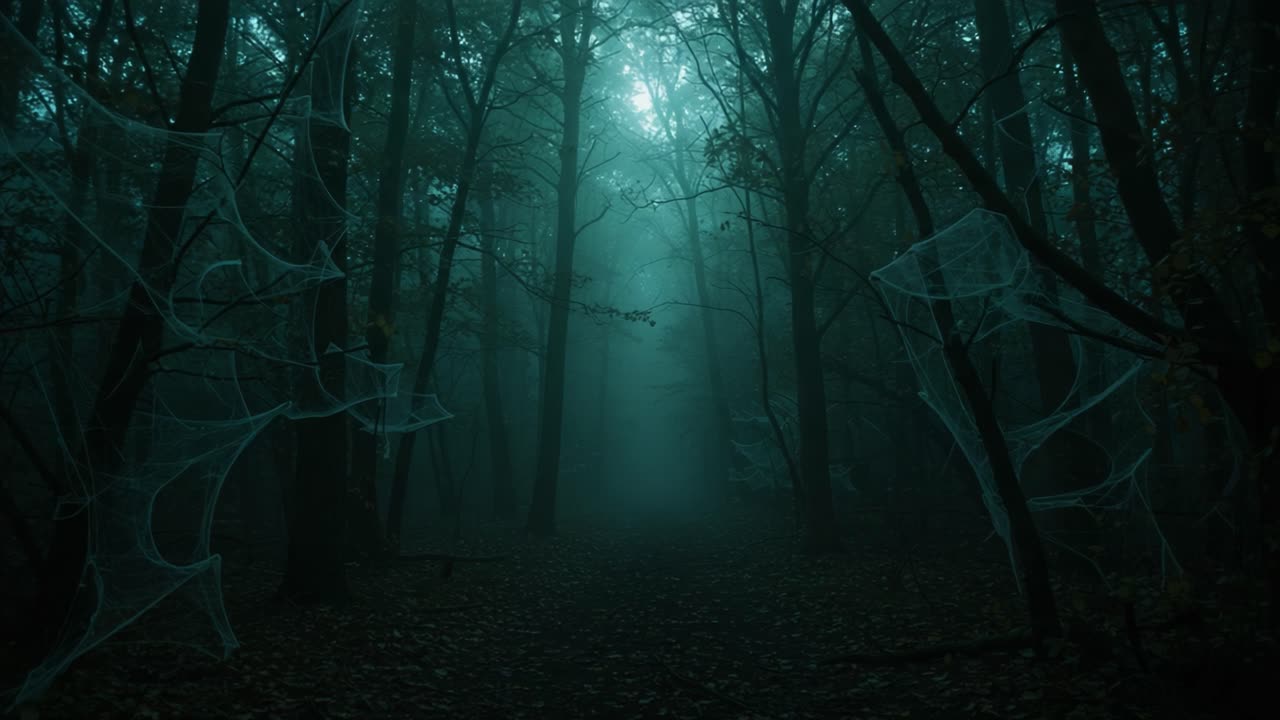 A Hauntingly Beautiful Forest Adorned with Spiderwebs, Enveloped in an Ethereal Mist: An Enigmatic Journey Through Nature's Spooky Wonderland