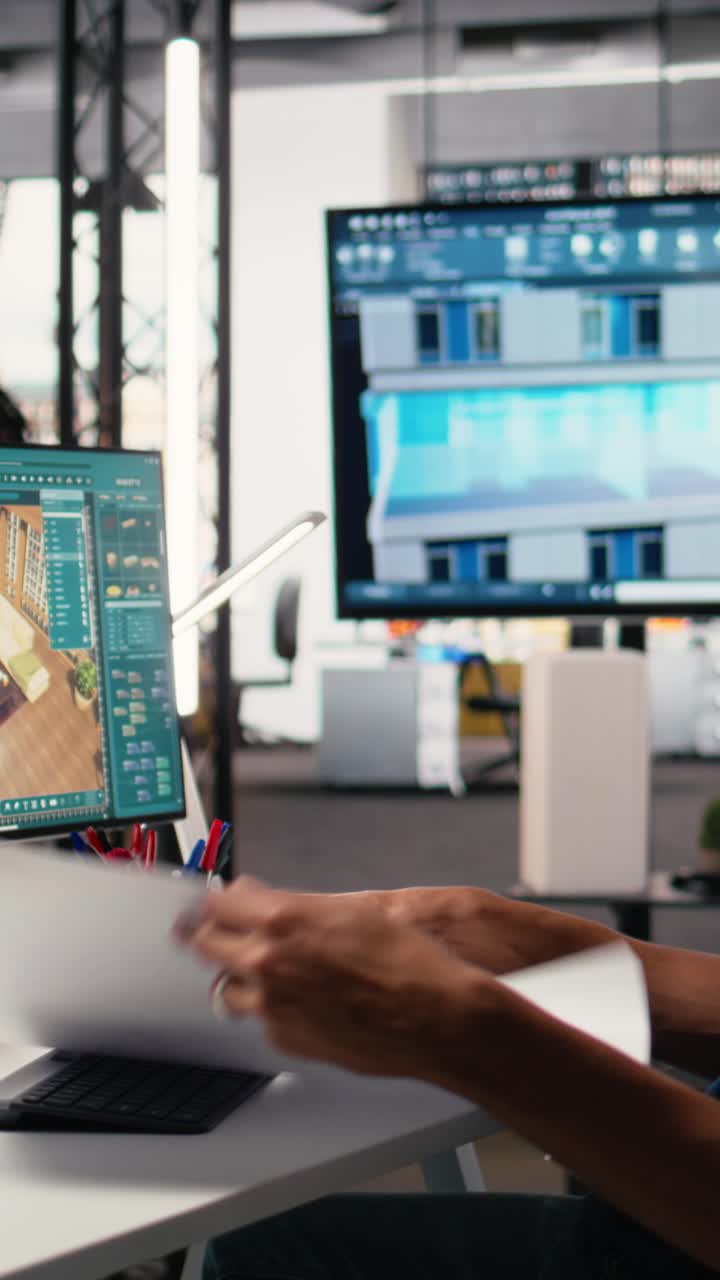 Vertical Video Middle eastern male developer creating property layout with furniture