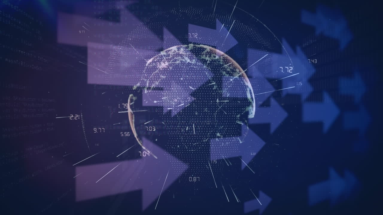 화살표, 숫자 및 보라색 공간에서 회전하는 지구의 애니메이션