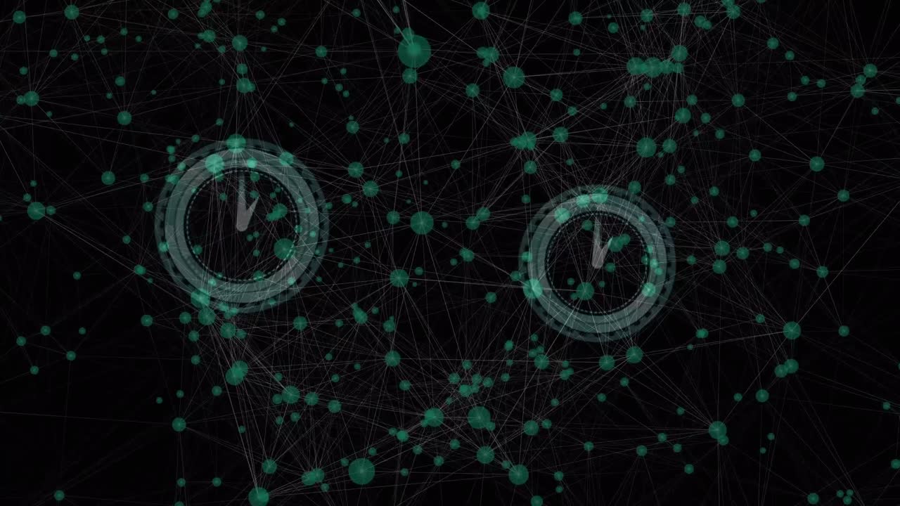 Animation of network of connections and clock over dark background