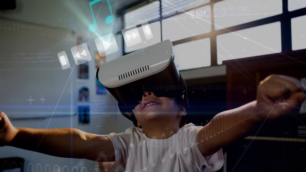 Child using VR headset with music icons and binary code overlaid