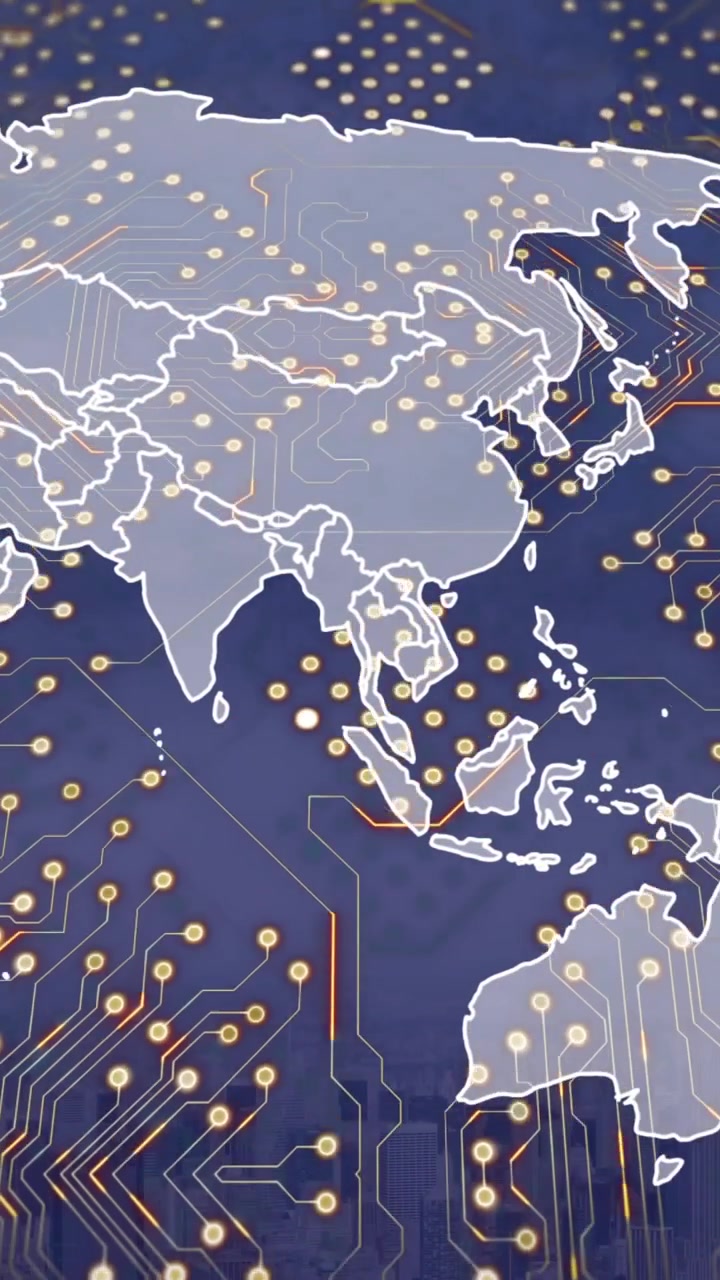 Animation of data processing and world map over cityscape