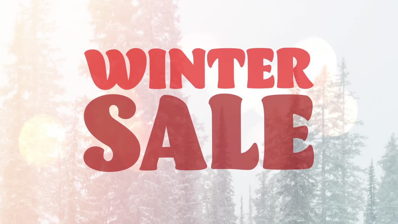 animación del texto de venta de invierno en rojo sobre el fondo del paisaje de invierno