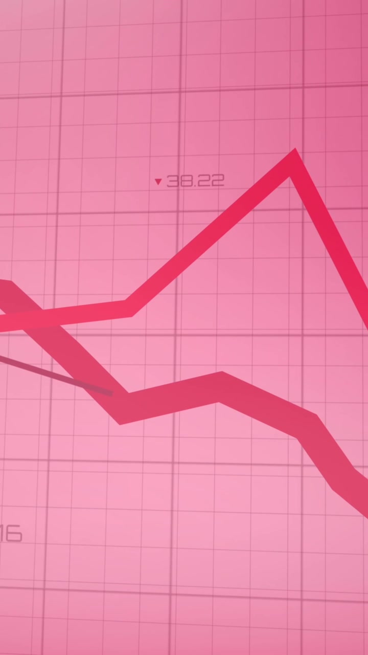 Animation of statistical data processing over grid network against pink gradient background