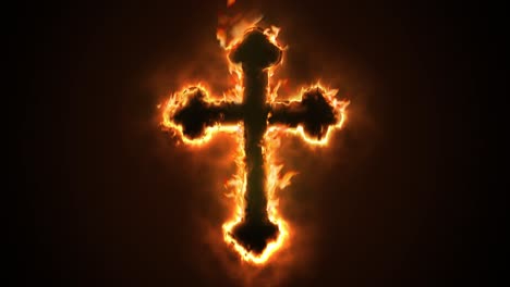 exciting and highly emotive reveal animation of an ornate christian crucifix cross, in roaring flames, burning embers and sparks, on a smokey, glowing black background