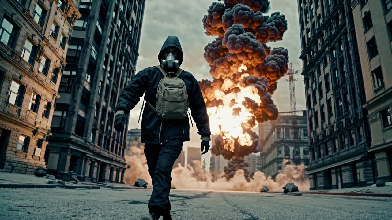 A dramatic video scene shows a person in a gas mask walking through a deserted city street
