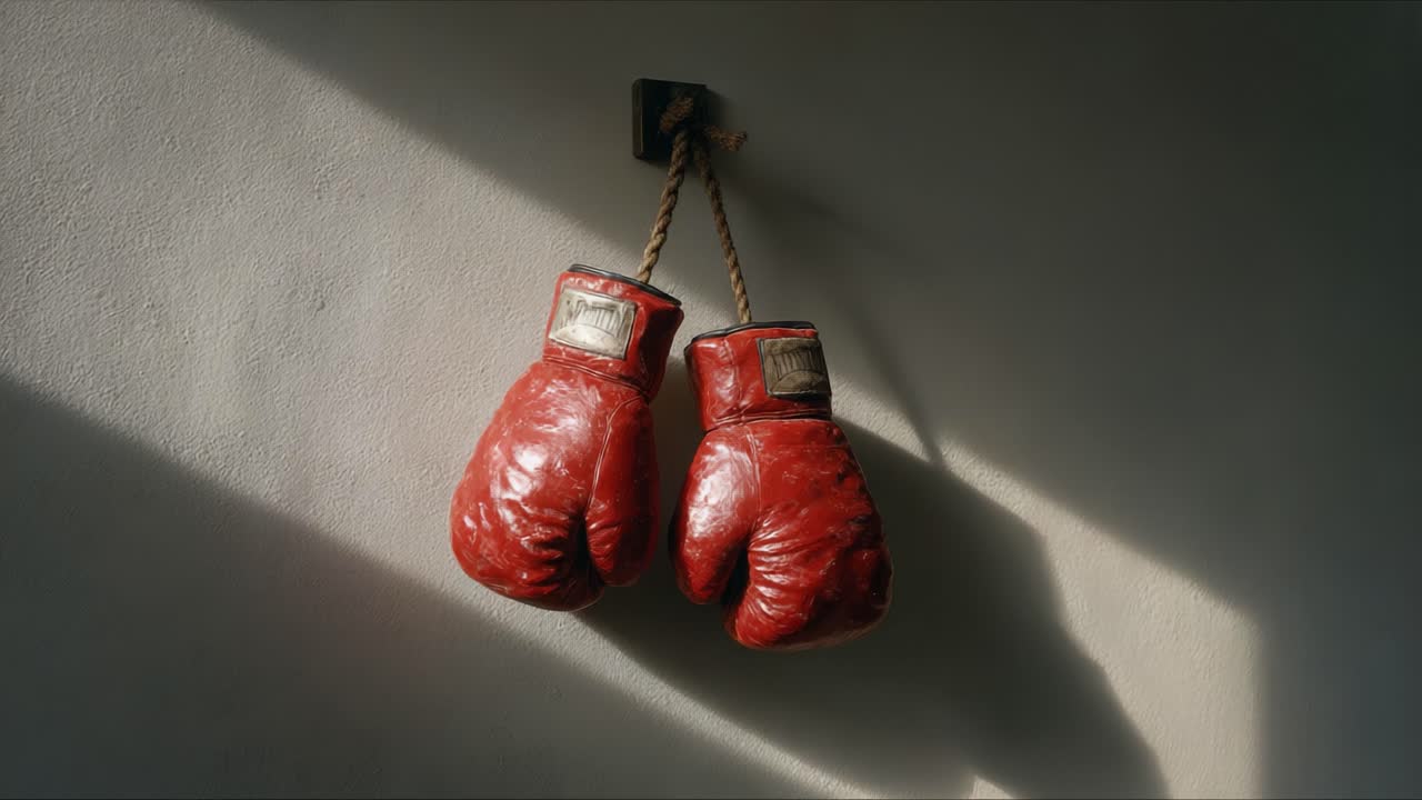A close-up view of vintage red boxing gloves hanging on the wall, symbolizing the spirit of competition, training, and athleticism in the world of boxing and sports