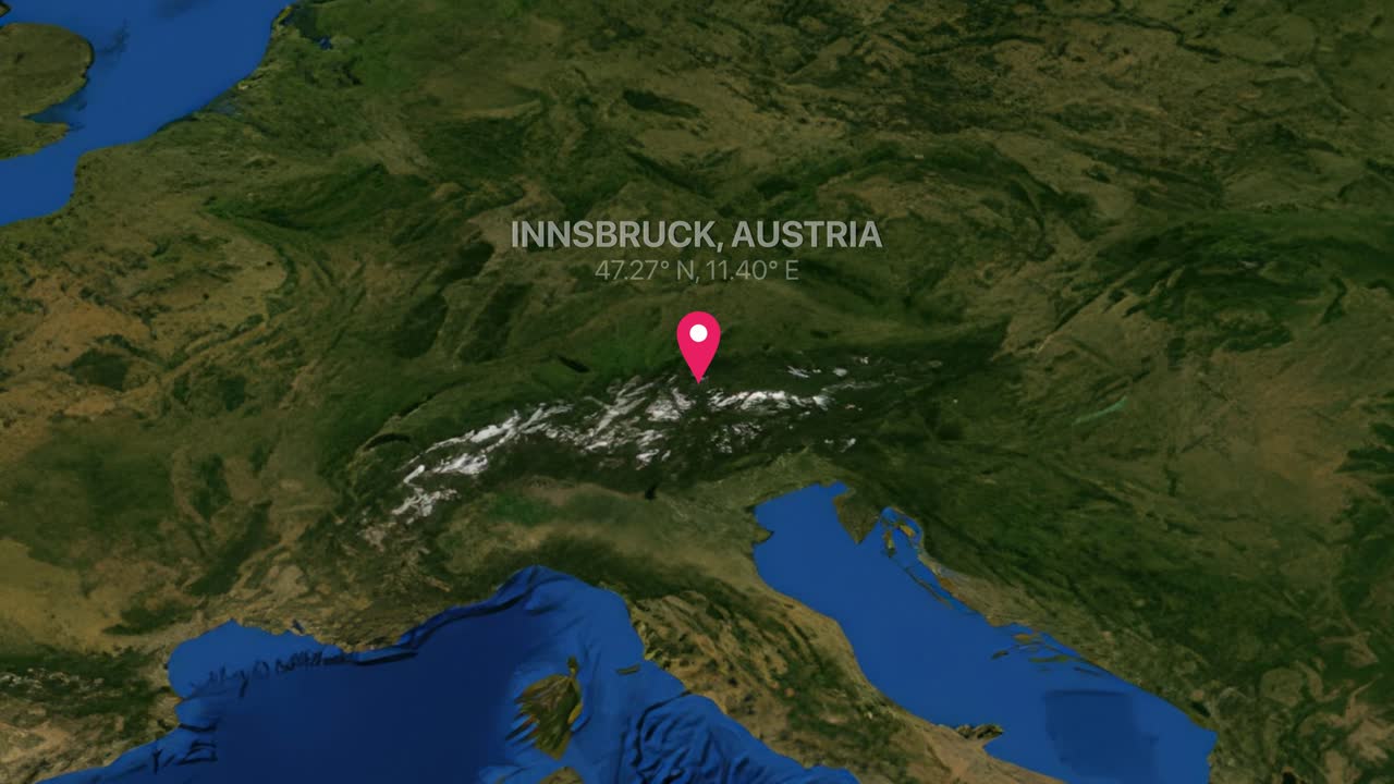 Rendering digitale della Terra che ingrandisce da una prospettiva globale a un indicatore di posizione specifico in Austria.