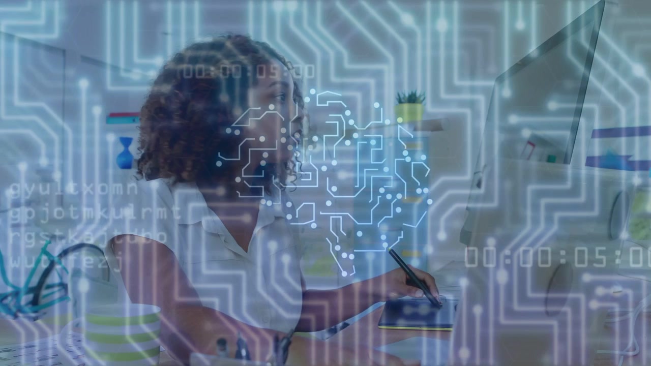 Female designer sketching on tablet, stylus tap activating brain circuit overlay pulsing for design