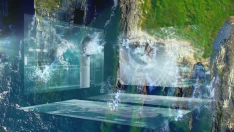 digital screens and data processing animation over aerial view of earth
