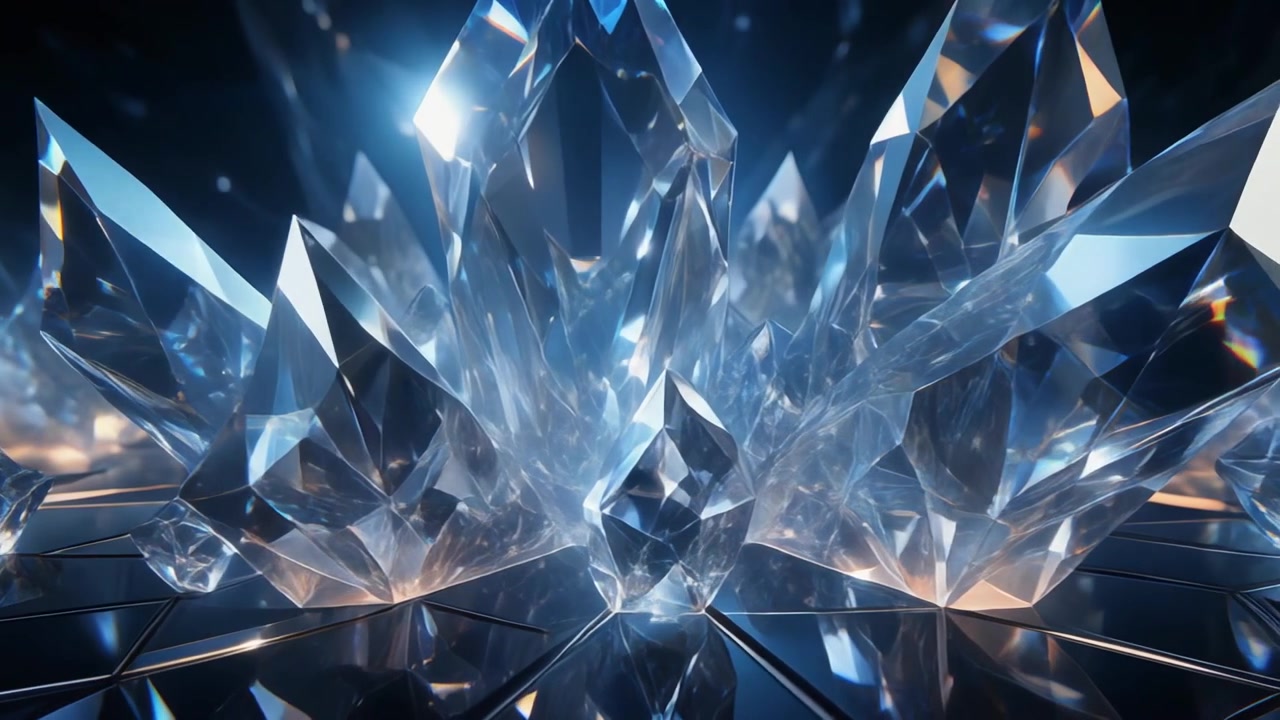 Cristalli trasparenti luminosi su una superficie geometrica riflettente.