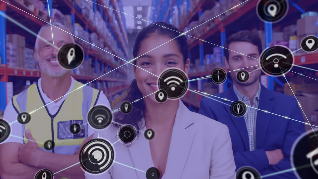 animación de la red de conexiones con iconos sobre diversos trabajadores en el almacén