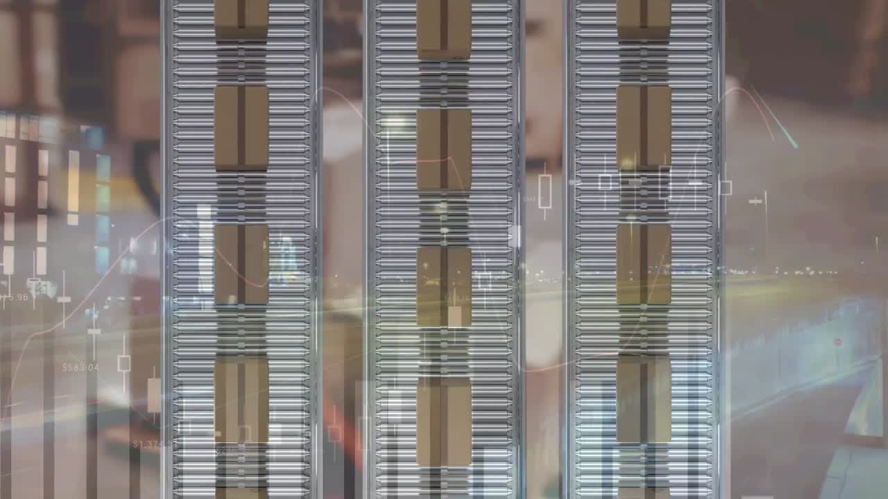 컨베이어 벨트에 있는 여러 배달 상자의 하늘 시야에 대한 통계 데이터 처리