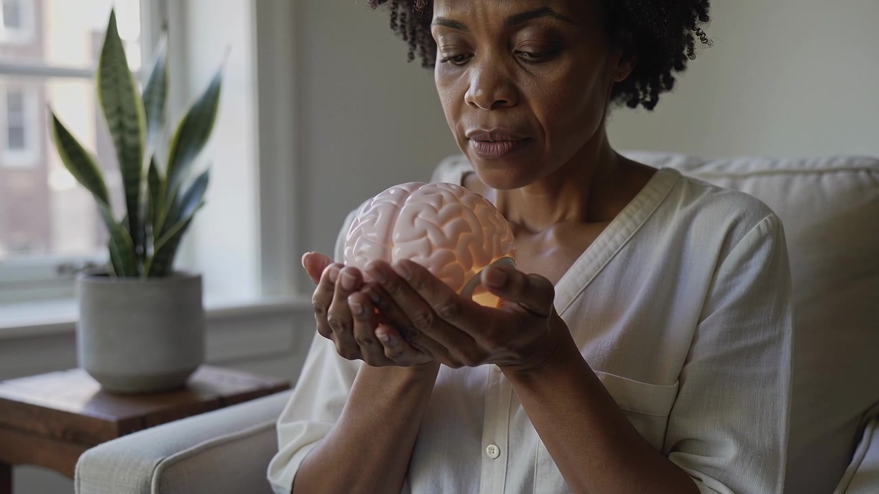 Holding midlife woman responding to warm glow inspecting glowing brain model by window in blouse
