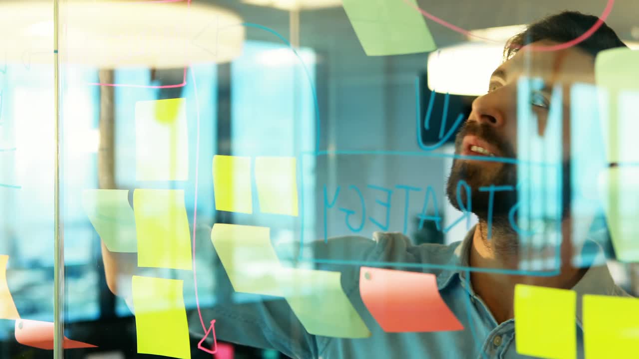 Male executive looking at sticky notes on glass