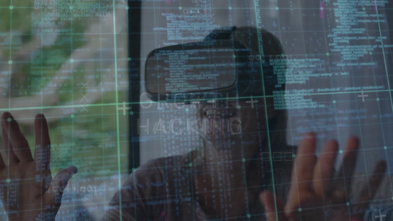 woman using VR headset raising hands activating business growth hacking code overlays