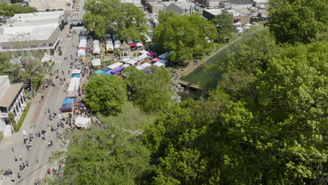 dogwood festival with stalls and booths in siloam springs, arkansas,usa - aerial shot