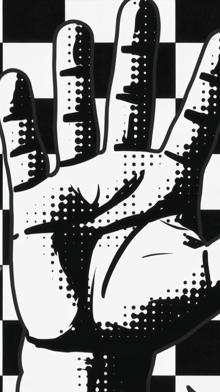 Vertical video: Advancing frames showing pop art hand being cropped slightly in portrait, checkered
