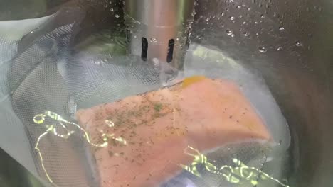 slow cooking salmon fillet. bubbles coming out of a slow cooker machine. salmon fillet compressed airtight with vacuum machine cooking in the pot in slow motion.  meat being slowly cooked. slow food.